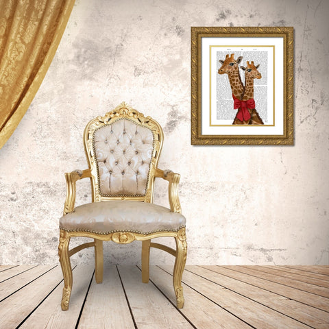 Giraffes and Bow Gold Ornate Wood Framed Art Print with Double Matting by Fab Funky