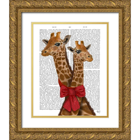 Giraffes and Bow Gold Ornate Wood Framed Art Print with Double Matting by Fab Funky