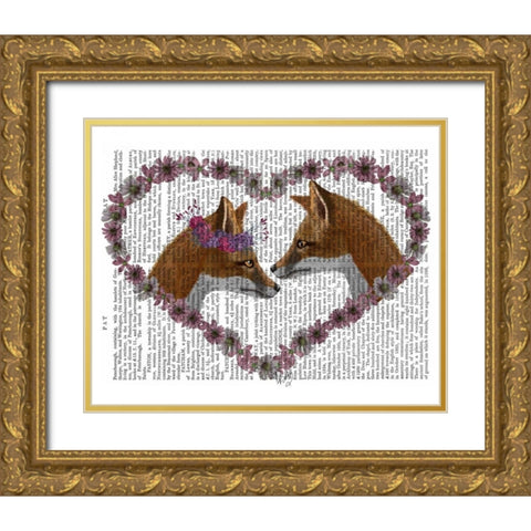 Foxes in Flowers Gold Ornate Wood Framed Art Print with Double Matting by Fab Funky