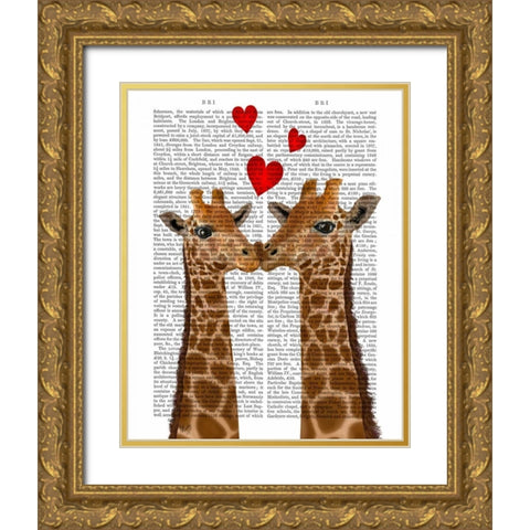 Giraffe Love Gold Ornate Wood Framed Art Print with Double Matting by Fab Funky