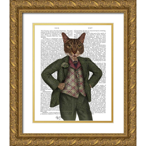 Cat in Tartan Waistcoat Gold Ornate Wood Framed Art Print with Double Matting by Fab Funky
