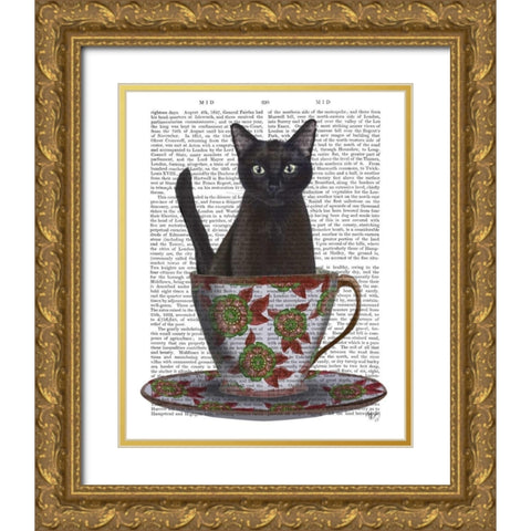 Black Cat in Teacup Gold Ornate Wood Framed Art Print with Double Matting by Fab Funky