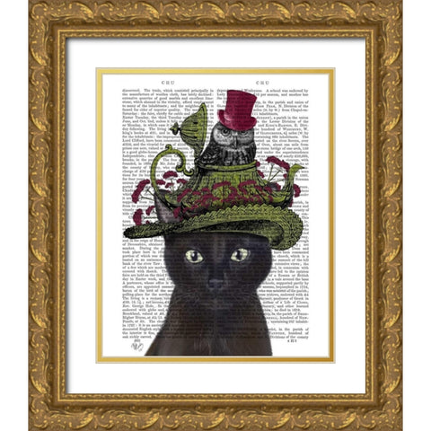 Black Cat with Teapot and Owl Gold Ornate Wood Framed Art Print with Double Matting by Fab Funky