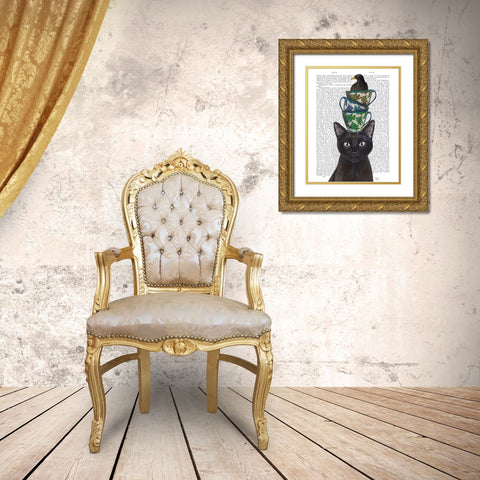 Black Cat with Teacups and Blackbird Gold Ornate Wood Framed Art Print with Double Matting by Fab Funky