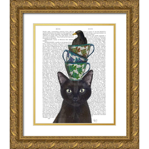 Black Cat with Teacups and Blackbird Gold Ornate Wood Framed Art Print with Double Matting by Fab Funky