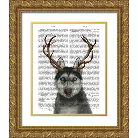 Husky and Antlers Gold Ornate Wood Framed Art Print with Double Matting by Fab Funky