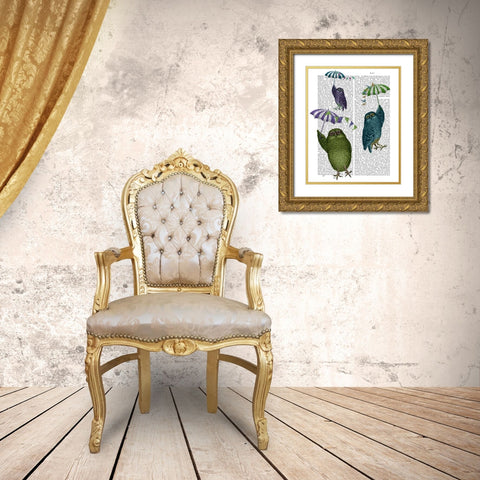 Owls with Umbrellas Gold Ornate Wood Framed Art Print with Double Matting by Fab Funky