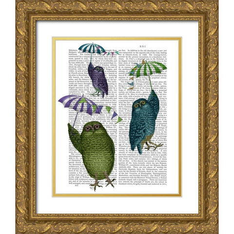 Owls with Umbrellas Gold Ornate Wood Framed Art Print with Double Matting by Fab Funky