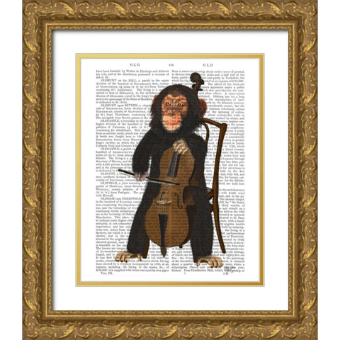 Chimp Playing Cello Gold Ornate Wood Framed Art Print with Double Matting by Fab Funky