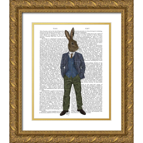 Rabbit in Blue Waistcoat Gold Ornate Wood Framed Art Print with Double Matting by Fab Funky