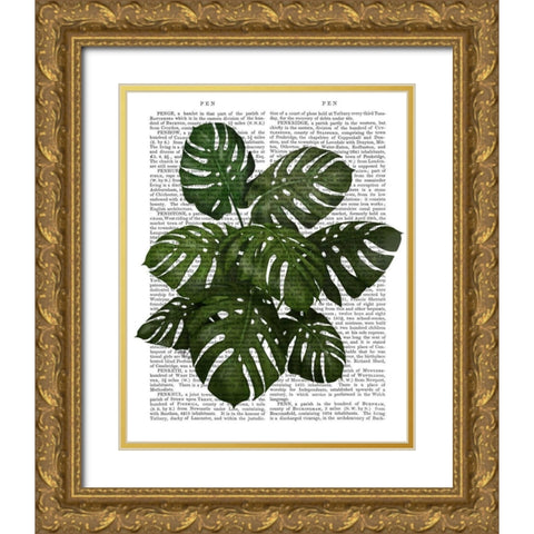 Monstera Plant, Green on White Gold Ornate Wood Framed Art Print with Double Matting by Fab Funky
