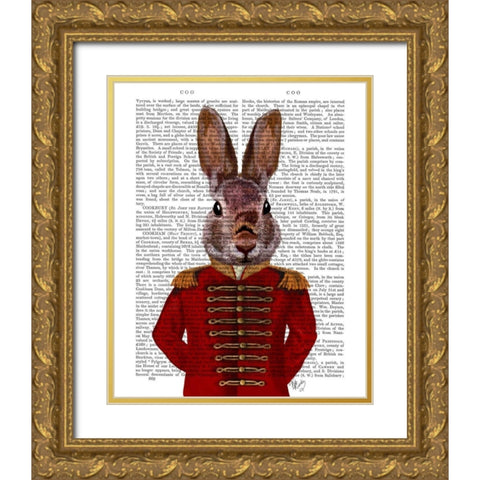 Military Rabbit in Red Gold Ornate Wood Framed Art Print with Double Matting by Fab Funky