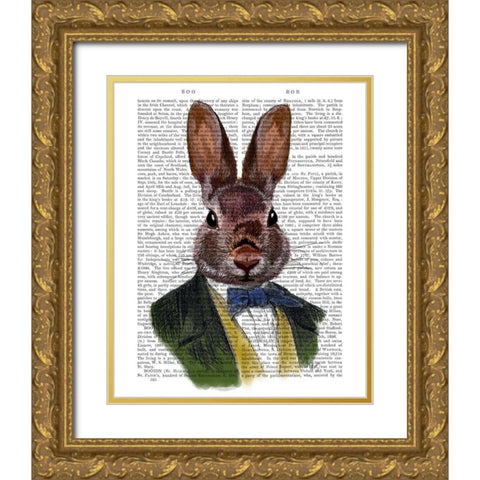 Rabbit in Green Jacket Gold Ornate Wood Framed Art Print with Double Matting by Fab Funky