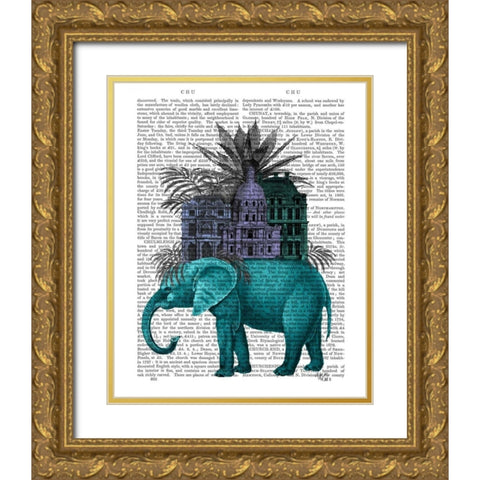 Elephant and Citadel Gold Ornate Wood Framed Art Print with Double Matting by Fab Funky