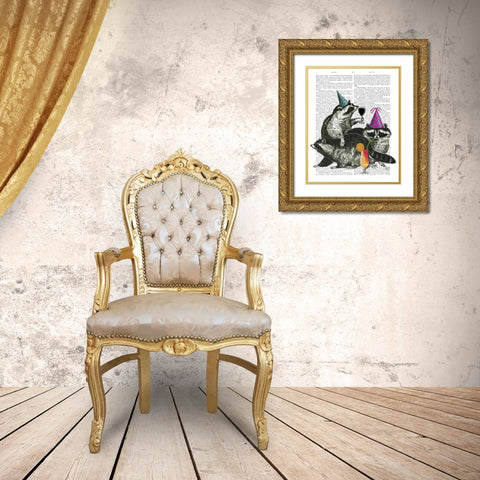 Raccoon Party Gold Ornate Wood Framed Art Print with Double Matting by Fab Funky