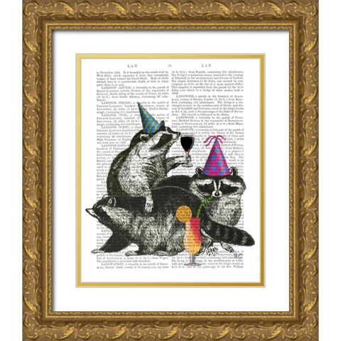 Raccoon Party Gold Ornate Wood Framed Art Print with Double Matting by Fab Funky