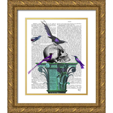 Skull On Plinth Gold Ornate Wood Framed Art Print with Double Matting by Fab Funky