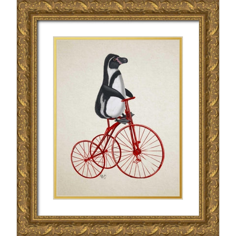 Penguin on Bicycle Gold Ornate Wood Framed Art Print with Double Matting by Fab Funky