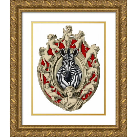Zebra Head Plaque Gold Ornate Wood Framed Art Print with Double Matting by Fab Funky
