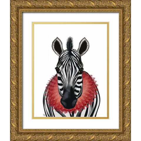 Zebra and Red Ruff Gold Ornate Wood Framed Art Print with Double Matting by Fab Funky