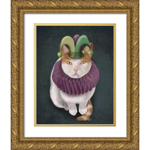 Cat, White with Jester Hat Gold Ornate Wood Framed Art Print with Double Matting by Fab Funky