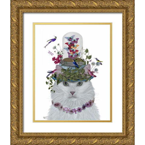 Cat, White with Butterfly bell jar Gold Ornate Wood Framed Art Print with Double Matting by Fab Funky