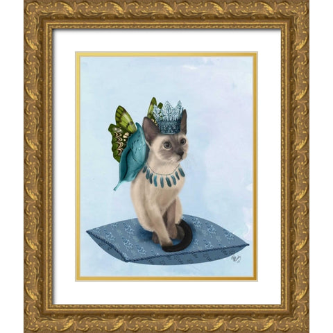 Cat with Blue Butterfly Wings Gold Ornate Wood Framed Art Print with Double Matting by Fab Funky