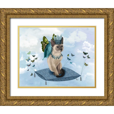 Cat on Pillow with Butterflies Gold Ornate Wood Framed Art Print with Double Matting by Fab Funky