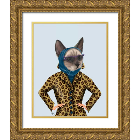 Cat with Leopard Jacket Gold Ornate Wood Framed Art Print with Double Matting by Fab Funky