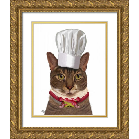 Cat Chef Gold Ornate Wood Framed Art Print with Double Matting by Fab Funky