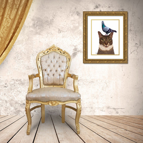 Cat with Pigeon on Head Gold Ornate Wood Framed Art Print with Double Matting by Fab Funky