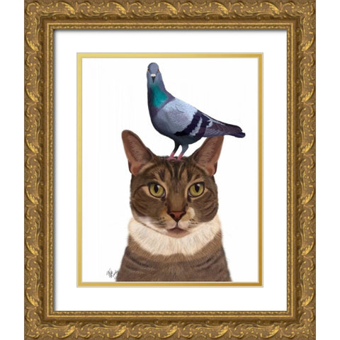 Cat with Pigeon on Head Gold Ornate Wood Framed Art Print with Double Matting by Fab Funky