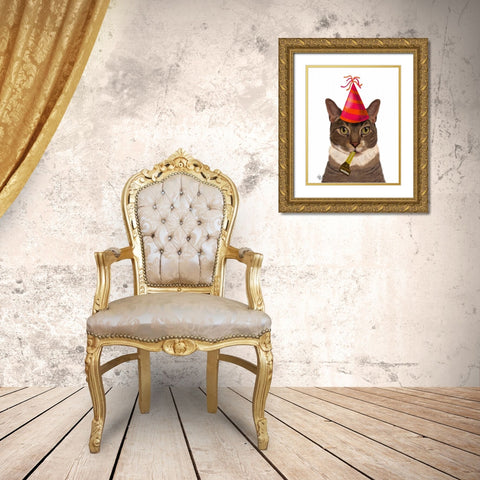 Tortoiseshell Cat, Party Hat Gold Ornate Wood Framed Art Print with Double Matting by Fab Funky