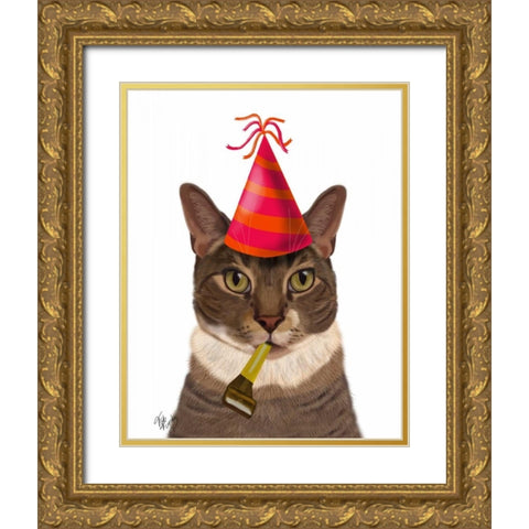 Tortoiseshell Cat, Party Hat Gold Ornate Wood Framed Art Print with Double Matting by Fab Funky