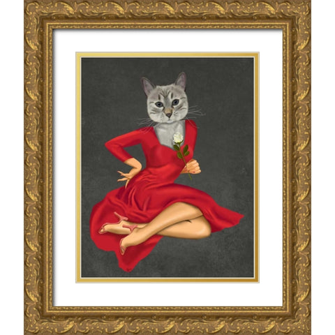 Grey Cat with White Rose Gold Ornate Wood Framed Art Print with Double Matting by Fab Funky