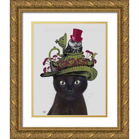 Black Cat with Teapot and Owl Gold Ornate Wood Framed Art Print with Double Matting by Fab Funky