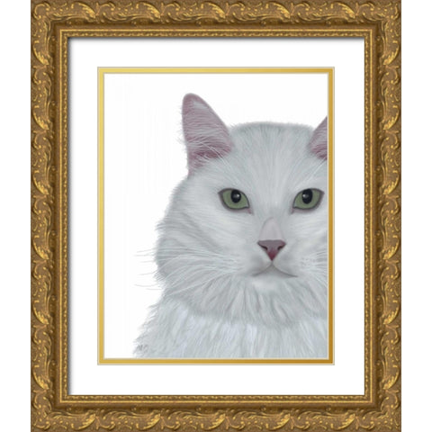 Cat, White Portrait on White Gold Ornate Wood Framed Art Print with Double Matting by Fab Funky