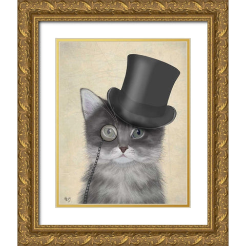 Cat, Grey with Top Hat Gold Ornate Wood Framed Art Print with Double Matting by Fab Funky