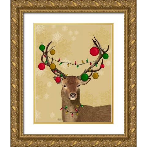 Stag and Baubles Gold Ornate Wood Framed Art Print with Double Matting by Fab Funky