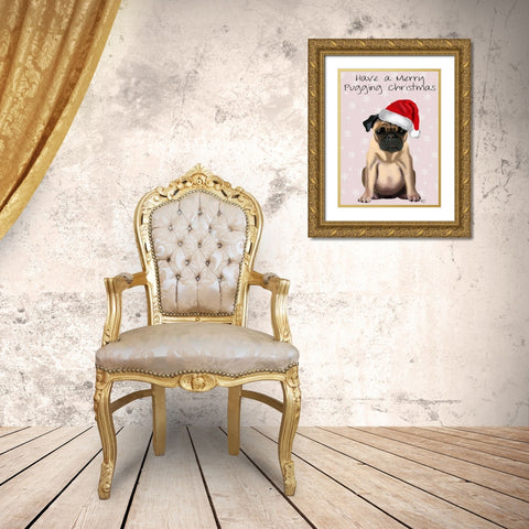 Merry Pugging Christmas Gold Ornate Wood Framed Art Print with Double Matting by Fab Funky