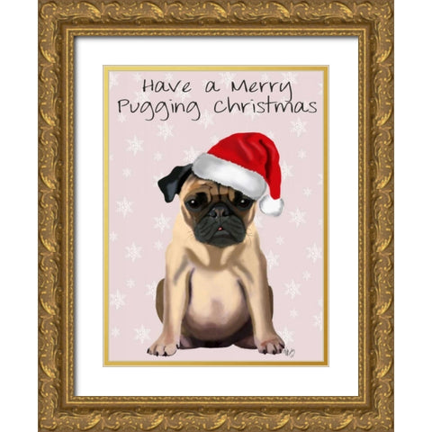 Merry Pugging Christmas Gold Ornate Wood Framed Art Print with Double Matting by Fab Funky