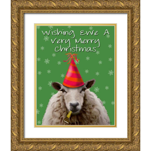 Wishing Ewe A Very Merry Christmas Gold Ornate Wood Framed Art Print with Double Matting by Fab Funky