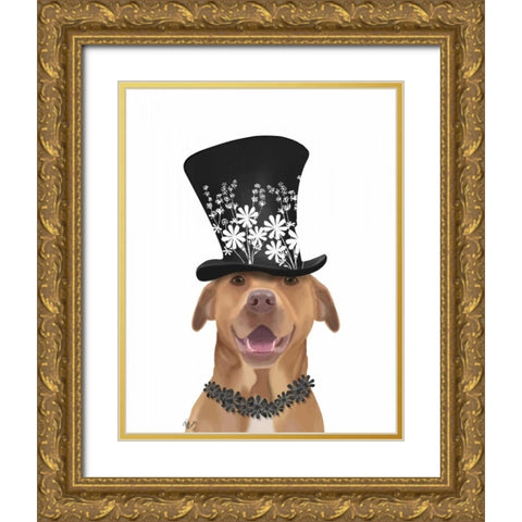 Pit Bull with Black Hat Gold Ornate Wood Framed Art Print with Double Matting by Fab Funky