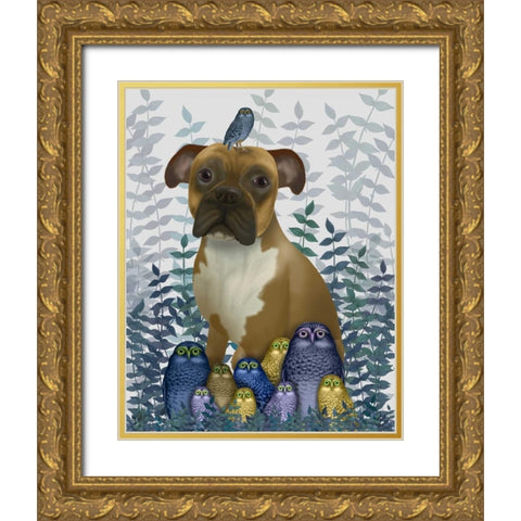 Boxer and Owls Gold Ornate Wood Framed Art Print with Double Matting by Fab Funky