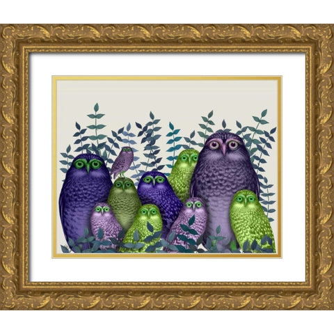 Electric Owls, Purple and Lime Gold Ornate Wood Framed Art Print with Double Matting by Fab Funky