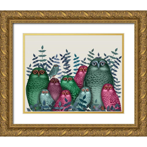 Electric Owls, Pink and Green Gold Ornate Wood Framed Art Print with Double Matting by Fab Funky