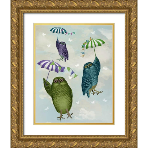 Owls with Umbrellas Gold Ornate Wood Framed Art Print with Double Matting by Fab Funky