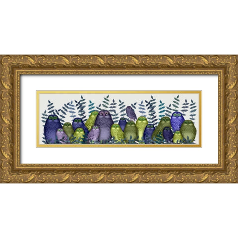 Electric Owls, Purple and Lime Gold Ornate Wood Framed Art Print with Double Matting by Fab Funky