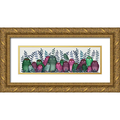 Electric Owls, Pink and Green Gold Ornate Wood Framed Art Print with Double Matting by Fab Funky