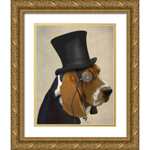 Basset Hound, Formal Hound and Hat Gold Ornate Wood Framed Art Print with Double Matting by Fab Funky